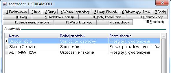 15. Przedmioty zakładka prezentuje przedmioty kontrahenta, które można wskazać w zleceniu serwisowym (w module Serwis).