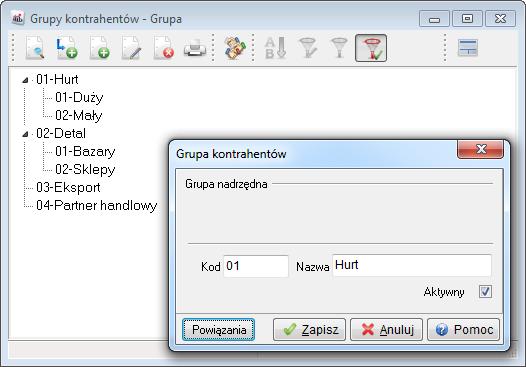 W celu uporządkowania wszystkich kontrahentów, można przypisać ich do odpowiednich grup, które stworzymy przy pomocy opcji menu Słowniki Słowniki systemowe Grupy kontrahentów.