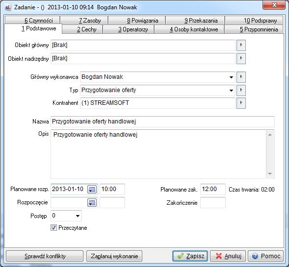 Z poziomu okna Kontrahenci, za pomocą ikony, kombinacji klawiszy <Shift+Ctrl+F3> lub poprzez menu prawego klawisza myszki (opcja Dodatkowe Zleć zadanie), można zlecić zadanie dotyczące danego