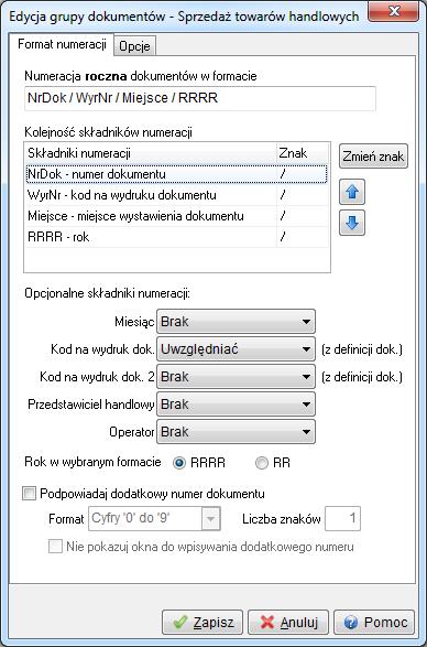 W zakładce Format numeracji określamy: 1. Numerację roczną dokumentów w formacie. 2.