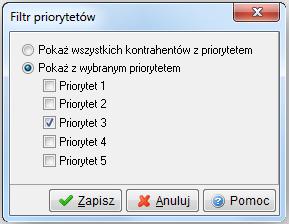 Dodatkowo w menu kontekstowym okna Kontrahenci, znajduje się opcja Organizacja danych Zaznaczanie Zaznacz z priorytetem, która umożliwia szybkie zaznaczenie kontrahentów, którzy mają nadany wybrany