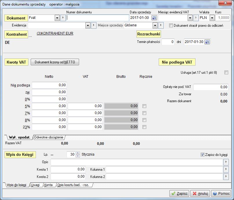 Okno dokumentów zakupu i sprzedaży z rejestrem VAT można podzielić na sekcje: Dokument należy w niej m.in. określić numer, datę, walutę oraz miesiąc ewidencji VAT.