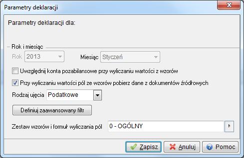 Zestaw wzorów i formuł wyliczania pól w tej opcji należy przyporządkować zestaw wzorów, według którego wartości pól formularza będą wyliczane.