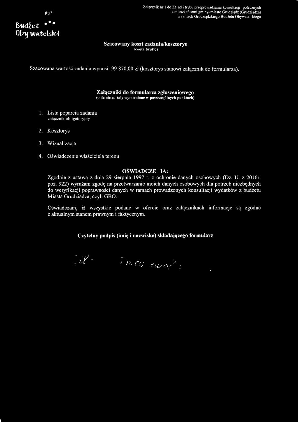 922) wyrażam zgodę na przetwarzanie moich danych osobowych dla potrzeb niezbędnych do weryfikacji poprawności danych w ramach prowadzonych konsultacji wydatków z budżetu Miasta