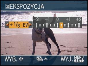 Niedostateczna ekspozycja Kompensacja ekspozycji w kierunku pozytywu. Możliwa jest kompensacja w zakresie od [j2 EV] do [i2 EV] co [1/3 EV]. Aby przywrócić oryginalną ekspozycję, należy wybrać [0 EV].