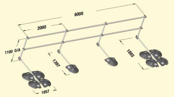 Na schemacie znajduje się przykład typowej balustrady z rozstawem słupków co 220 cm oraz wolnymi zakończeniami, dla których wymagane są po dwie przeciwwagi.