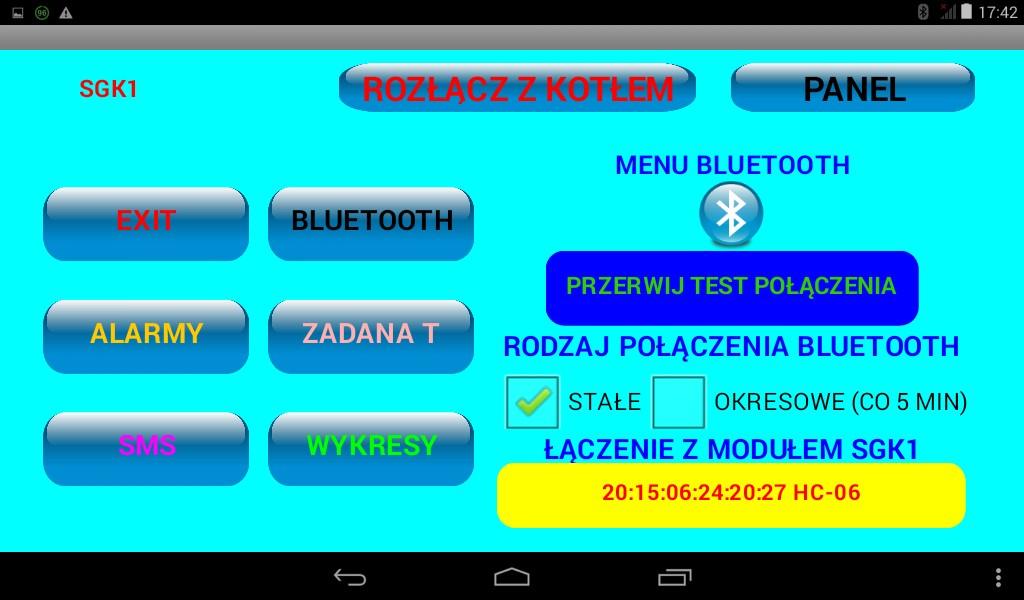 Rodzaj połączenia: stałe: (zalecany) ciągle łączy się z naszym sterownikiem na kotle i zmienia stan ustawienia w kotle modułu bluetooth na stale włączony, okresowe: co 5 minut podejmuje próbę