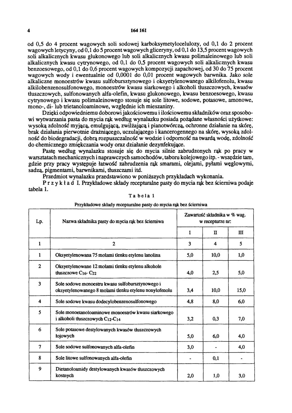 4 164161 od 0,5 do 4 procent wagowych soli sodowej karboksymetylocelulozy, od 0,1 do 2 procent wagowych letycyny, od 0,1 do 5 procent wagowych gliceryny, od 0,1 do 13,5 procent wagowych soli