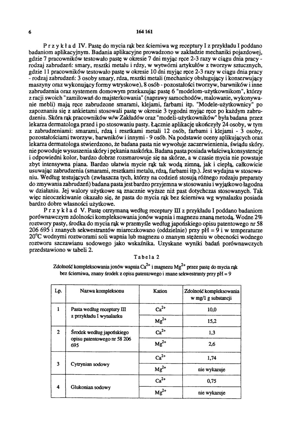 6 164161 Przykład IV. Pastę do mycia rąk bez ścierniwa wg receptury I z przykładu I poddano badaniom aplikacyjnym.