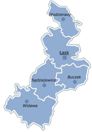 Widawa, Dąbrowa Widawska, Łazów, Wielka Wieś A, Dębina, Ochle, Wielka Wieś B, Goryń, Osieczno, Wincentów, Górki Grabińskie, Patoki, Witoldów, Grabówie, Podgórze, Wola