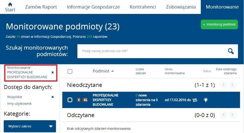 Instrukcja Użytkownika System BIG.pl Strona 120 z 164 Po wskazaniu Kontrahenta należy podać datę zakończenia monitorowania.