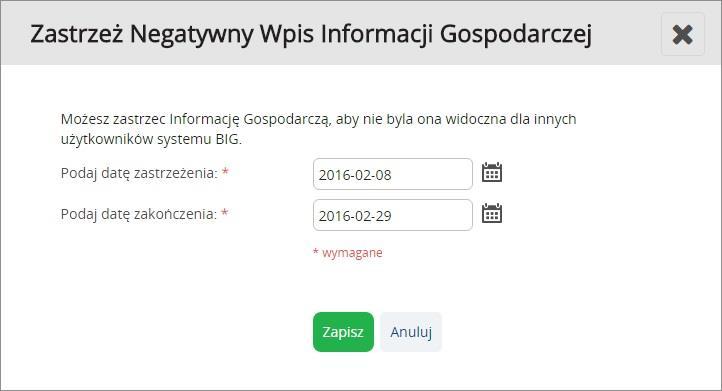 ekran, z poziomu którego Użytkownik będzie miał możliwość wskazania przedziału czasowego, w jakim obowiązywać będzie zastrzeżenie Informacji Gospodarczej: Po zatwierdzeniu operacji dyspozycja