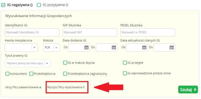 filtrów zaawansowanych dla Informacji Gospodarczych pozytywnych dostępne są parametry wyszukiwania: Kwota spłacona, Waluta, Data dodania IG, IG