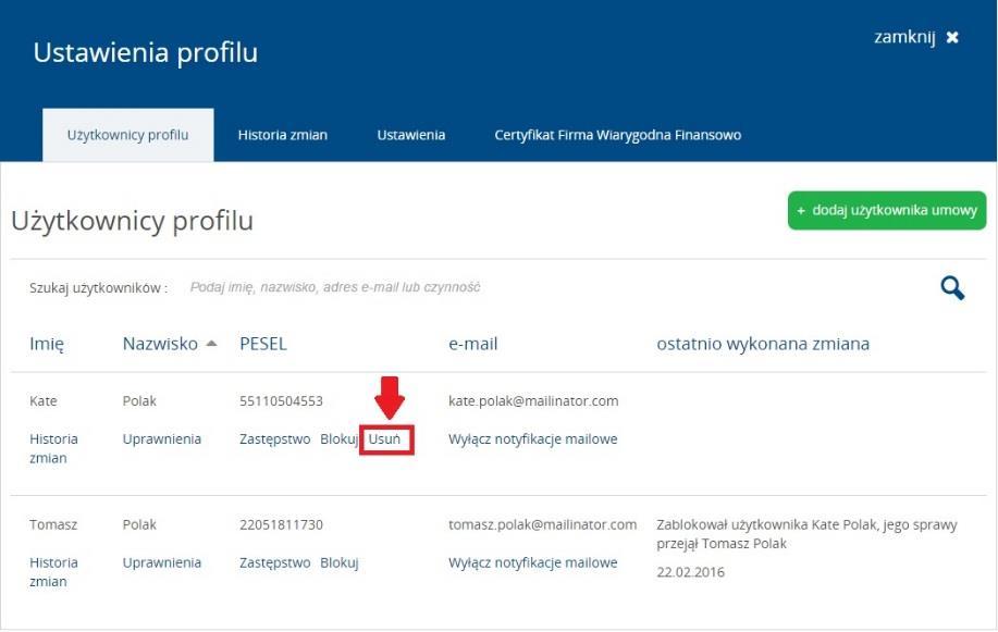 Instrukcja Użytkownika System BIG.pl Strona 38 z 164 7.3.7 USUWANIE UŻYTKOWNIKA Funkcja usuwania Użytkownika dostępna jest dla Użytkownika Systemu BIG.