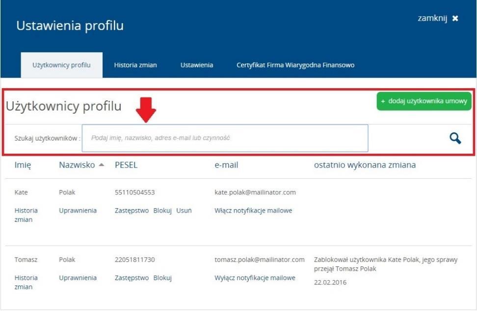 Instrukcja Użytkownika System BIG.pl Strona 42 z 164 Czynność. Aby wyszukać Użytkownika należy wybrać Ustawienia profilu. System zaprezentuje listę Użytkowników przypisanych do danej Umowy.