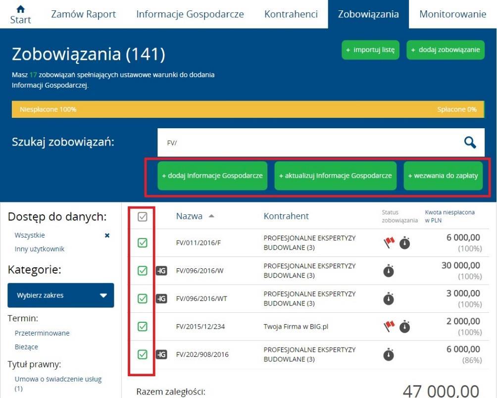 System umożliwia automatyczne zaznaczenie wszystkich widniejących na liście pozycji poprzez kliknięcie szarego checkboxa, znajdującego się powyżej listy (poniżej widok z