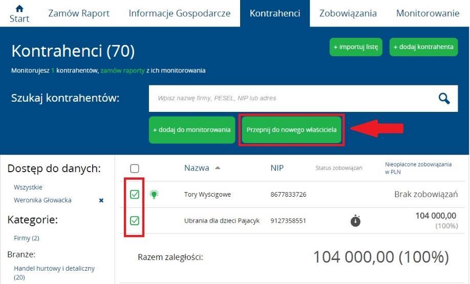 Instrukcja Użytkownika System BIG.pl Strona 56 z 164 Po zaznaczeniu checkboxa, przy każdym wybranym rekordzie pojawia się przycisk Przepnij do nowego właściciela, w górnej części okna.