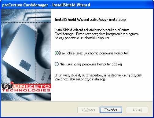 Rysunek 9: Okno instalatora Zakończenie procesu instalacji Naciśnięcie przycisku Zakończ zamyka kreatora