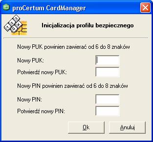 i nowy kod PIN. Każdorazowo zostaniemy poproszeni o potwierdzenie wprowadzonego kodu. Aby zatwierdzić zmiany należy nacisnąć przycisk OK. Po zainicjalizowaniu profilu jest on gotowy do użycia. Uwaga!