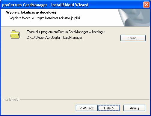 Rysunek 5: Okno instalatora Wybór lokalizacji docelowej Istnieje możliwość zmiany miejsca docelowego instalacji. Aby to zrobić należy nacisnąć przycisk Zmień.