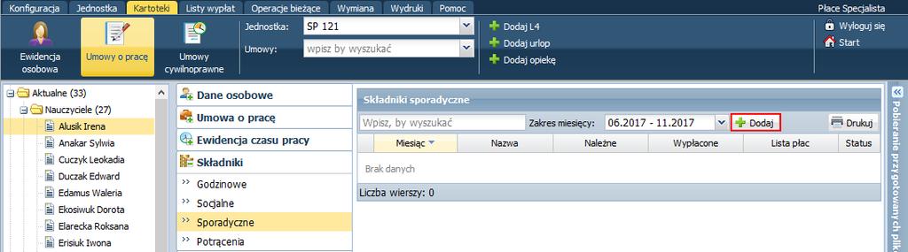 Dane te pobierane są z kartoteki pracownika, z kart Staż pracy oraz Dane umowy. Przydzielenie i wypłacenie nagrody jubileuszowej nauczycielowi 1. Przejdź do widoku Kartoteki/ Umowy o pracę.