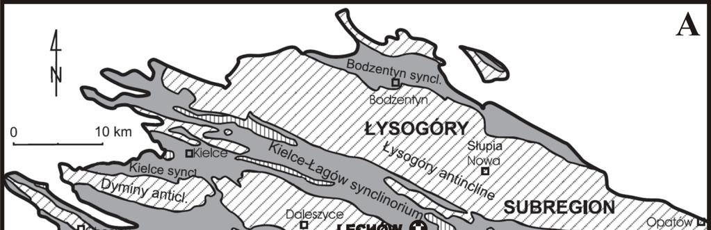 Logistyka nauka Rys. 1. A mapa strukturalna regionu kieleckiego. B miejscowość, w której wykonywano pomiar. C mapa Polski z zaznaczonym miejscem pomiarów oraz jego współrzędnymi.