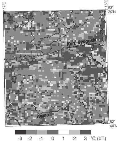 Warunki topoklimatyczne w rejonie Bydgoszczy Ryc. 5. Mapa odchyleń temperatury powietrza od warunków standardowych doliny Kanału Bydgoskiego i doliny Noteci 3.