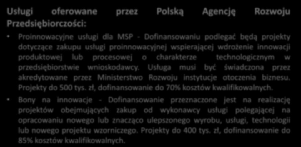 Wsparcie szkoleniowe, doradcze Usługi oferowane Przedsiębiorczości: przez Polską Agencję Rozwoju Proinnowacyjne usługi dla MSP - Dofinansowaniu podlegać będą projekty dotyczące zakupu usługi