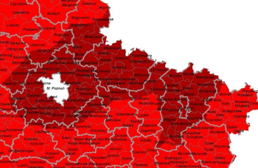 Rozkład stężeń średniorocznych benzo(a)pirenu dla Gminy, wskazuje na przekroczenia na terenie całej Gminy. Rysunek 4.