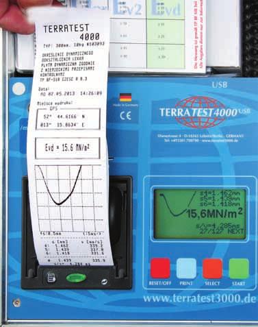 Nowa TERRATEST 4000 USB Wysoka jakość wykonania, kompletne wyposażenie Mechanika - Urządzenie obciążeniowe z ciężarem 10 kg dla pomiarów E vd 15-70 MN/m 2 (odpowiada Ev 2 ponad 120 MN/m 2 ) - Płyta