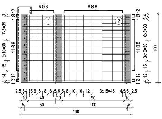 Rys. 3. Zbrojenie tarczy DB-I (zbrojonej ortogonalnie) Rys. 4. Zbrojenie tarczy DB-II (z dodatkowym zbrojeniem ukośnym) na ściskanie f cm,f15/30 Tabl. 1.