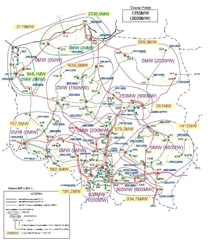 Schemat sieci przesyłowej z dostępnymi mocami przyłączeniowymi z uwzględnieniem WP (warunków przyłączenia) do sieci 110 kv, ilustruje poniższy schemat pochodzący z opracowanej przez PSE Operator S.A.