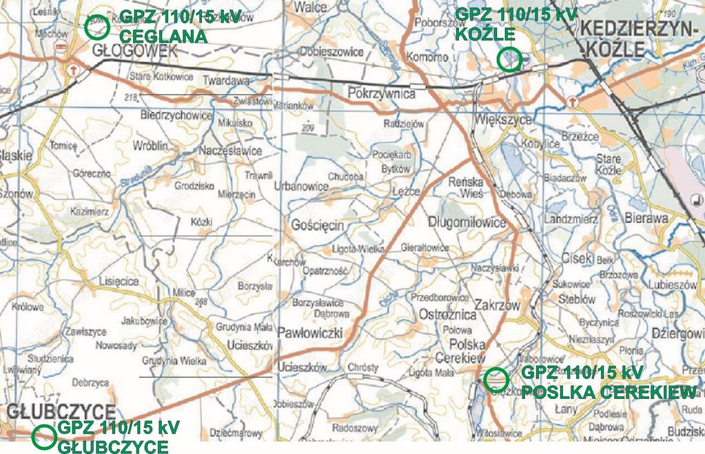 Rys.2. Główne Punkty Zasilania w energię elektryczną gminy Pawłowiczki Źródło: Opracowanie własne Poniżej przedstawiono parametry techniczne stacji transformatorowych zasilających gminę Pawłowiczki.