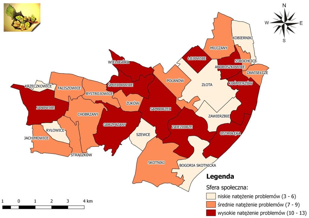 Mapa 3 Koncentracja negatywnych zjawisk w sferze społecznej w poszczególnych jednostkach referencyjnych na terenie Gminy Samborzec Źródło: Opracowanie własne na