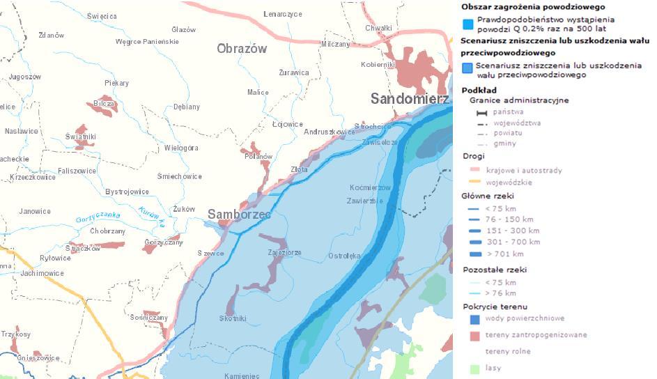 Mapa 10 Obszar zagrożenia powodziowego na terenie Gminy Samborzec Źródło: Hydroportal Krajowego Zarządu Gospodarki Wodnej, kzgw.gov.