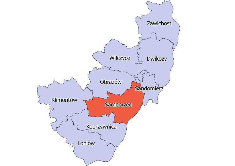Mapa 1 Położenie Gminy Samborzec na tle Polski, województwa świętokrzyskiego i powiatu