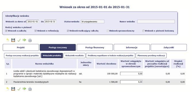 WSKAŹNIKI PRODUKTU Wskaźniki produktu określają materialne efekty (np. zrealizowane usługi, zakupiony sprzęt, wybudowana droga, itp.), jakie powstały w okresie realizacji projektu.