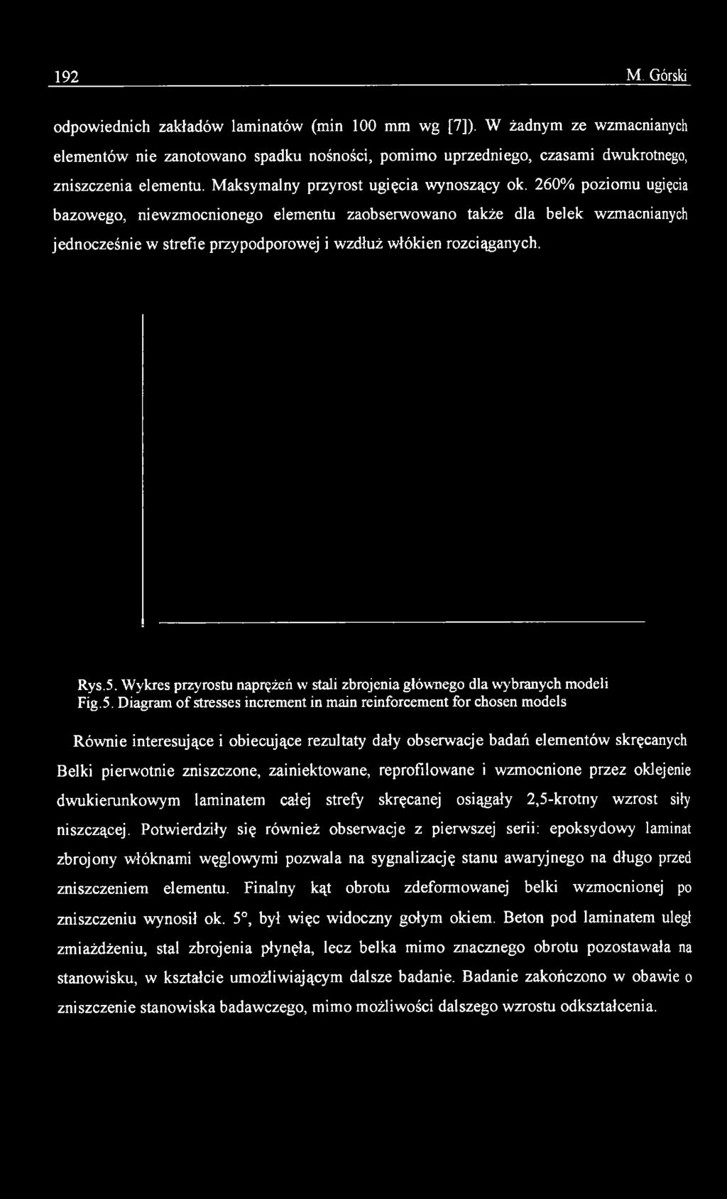 Diagram of stresses increment in main reinforcement for chosen models Równie interesujące i obiecujące rezultaty dały obserwacje badań elementów skręcanych Belki pierwotnie zniszczone, zainiektowane,