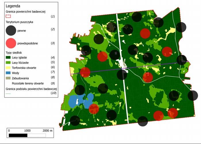 Ryc. 3. Rozmieszczenie puszczyka na tle siedlisk występujących na terenie badań Fig. 3. Distribution of Tawny Owl on study area.