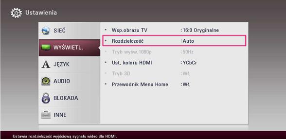 16 Przyłączanie 2 Przyłączanie Ustawienie rozdzielczości Odtwarzacz umożliwia kilka rozdzielczości wyjściowych dla gniazd HDMI OUT. Możesz zmienić rozdzielczość za pomocą menu [Ustawienia]. 1.