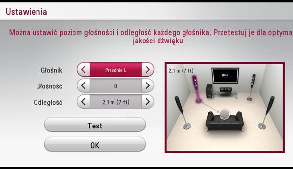 28 Ustawianie systemu Ustawienia Aby uzyskać najlepszy dźwięk, użyj ekranu ustawiania głośników w celu określenia głośności podłączonych głośników i ich odległości od pozycji słuchacza.