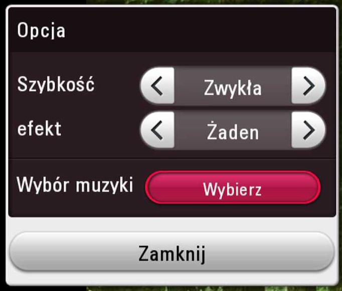 Ustawianie prędkości pokazu slajdów W trakcie wyświetlania zdjęcia na pełnym ekranie, możesz korzystać z różnych opcji. 1. Podczas przeglądania obrazów, naciśnij INFO/ MENU (m). 2.