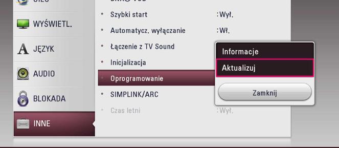 Opcja 1: 1. Gdy włączysz odtwarzacz na ekranie pojawi się menu aktualizacji. 2. Użyj przycisków A/D aby wybrać odpowiednią opcję i naciśnij ENTER (b). Ak. oprog.