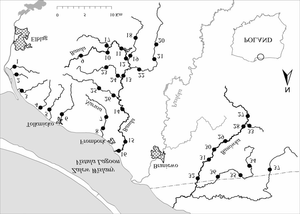 Ichtiofauna małych cieków uchodzących do Zalewu Wiślanego 117 Rys. 1. Rozmieszczenie stanowisk w ciekach uchodzących do Zalewu Wiślanego. Fig. 1. Fish sampling sites in the streams flowing into the Vistula Lagoon.
