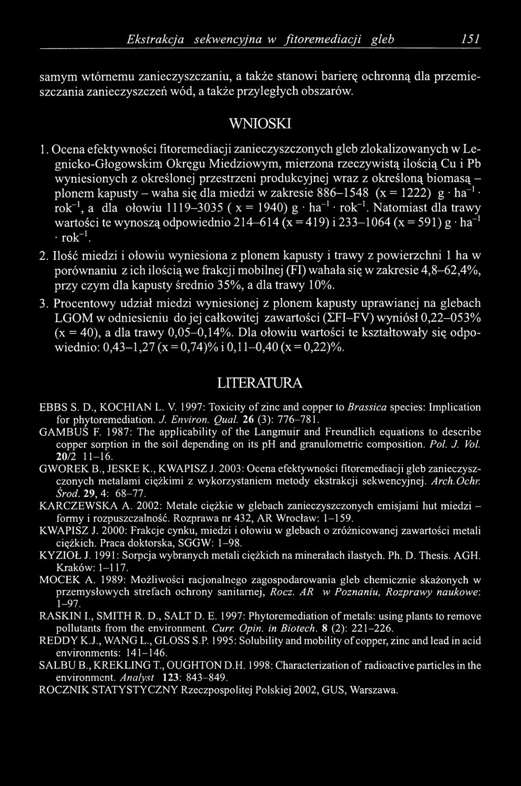 produkcyjnej wraz z określoną biomasą - plonem kapusty - waha się dla miedzi w zakresie 886-1548 (x = 1222) g ha 1 rok-1, a dla ołowiu 1119-3035 ( x = 1940) g ha-1 rok-1.