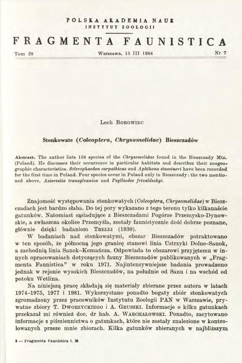 polska akademia nauk INSTYTUT ZOOLOGII FRAGMENTA FAUNISTICA Tom 28 Warszawa, 15 III 1984 Nr 7 L ech B o r o w ie c Stonkowate ( Coleopłera, Chrysomelidae) Bieszczadów A bstract.