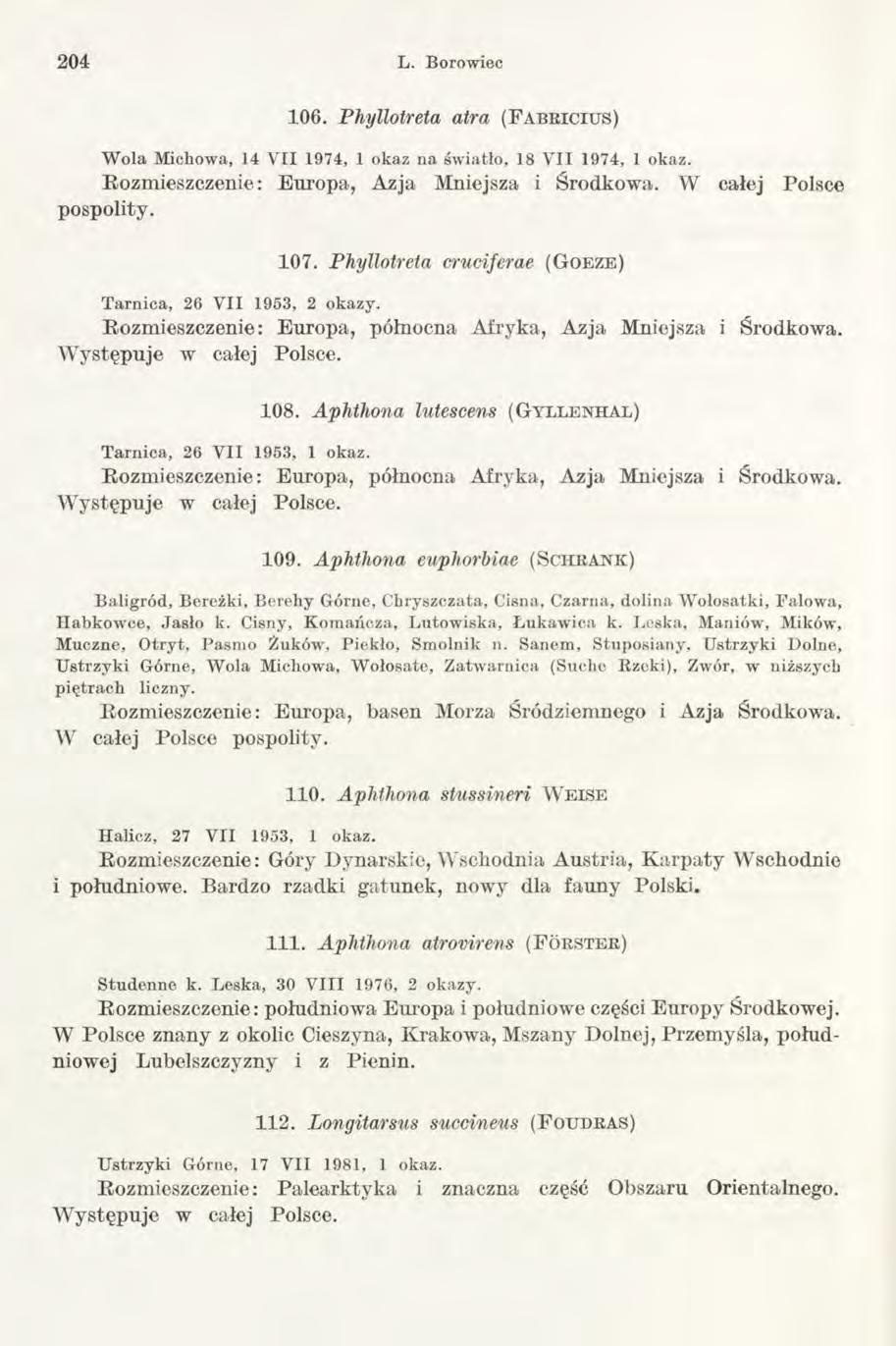 204 L. Borowiec 1 0 6. Płiyllotreta atra (F a b r i c i u s ) W ola Michowa, 14 V II 1974, 1 okaz na światło, 18 V II 1974, 1 okaz. Rozmieszczenie: Europa, Azja Mniejsza i Środkowa.