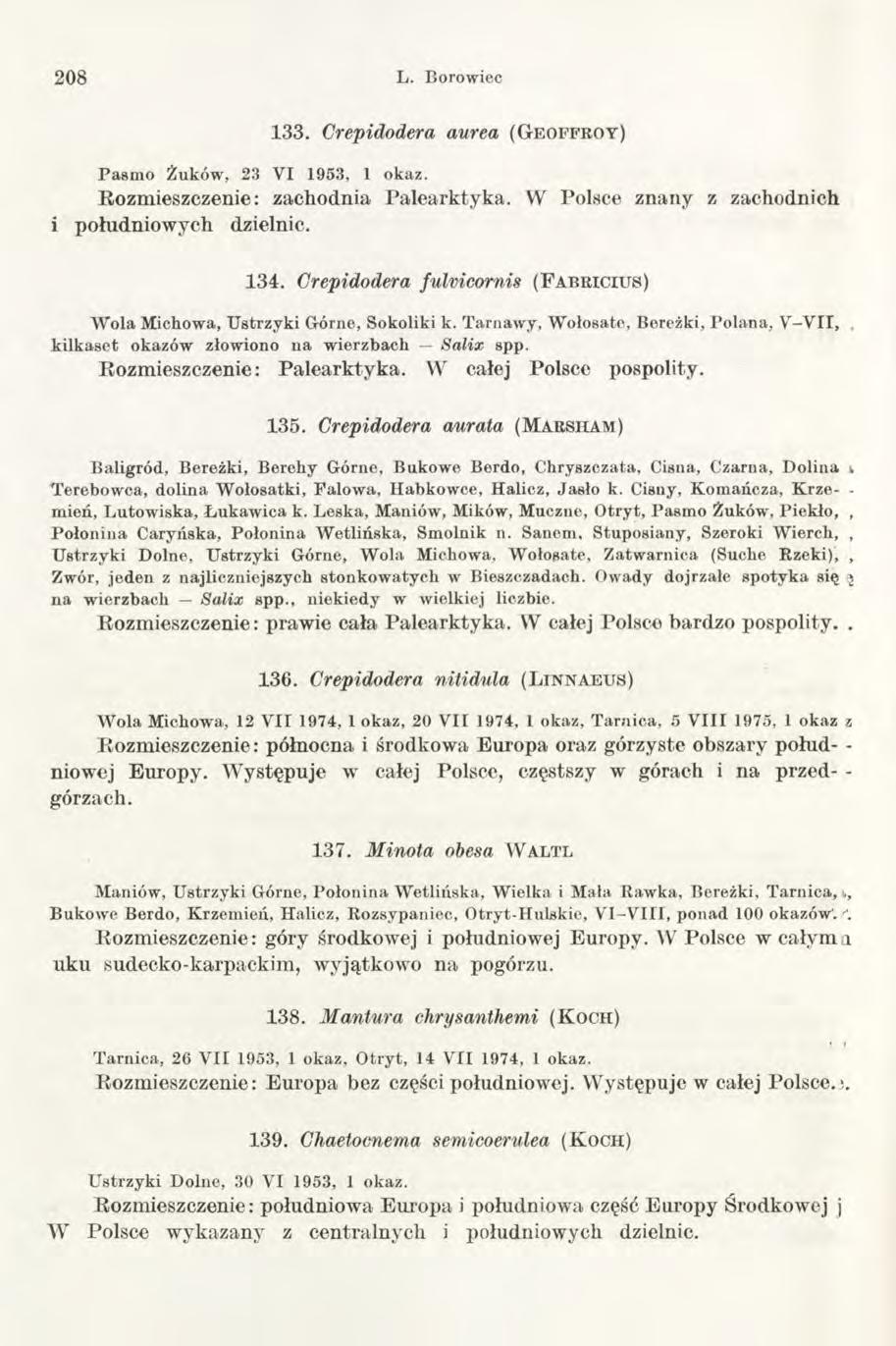 208 L. Borowiec 133. Crepidodera aurea ( G e o f f r o y ) P asm o Żuków, 23 VI 1953, 1 okaz. Rozmieszczenie: zachodnia Palearktyka. W Polsce znany z zachodnich i południowych dzielnic. 134.