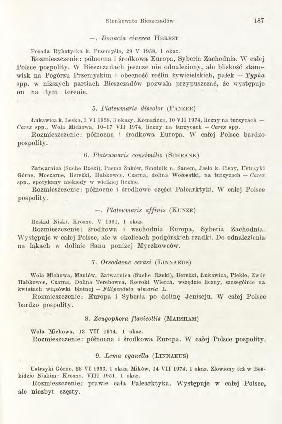 Stonkowate Bieszczadów 187. Donacia cinerea H e r b s t P osada R ybotycka k. Przem yśla, 29 Y 1958, 1 okaz. Rozmieszczenie: północna i środkowa Europa, Syberia Zachodnia. W całej Polsce pospolity.