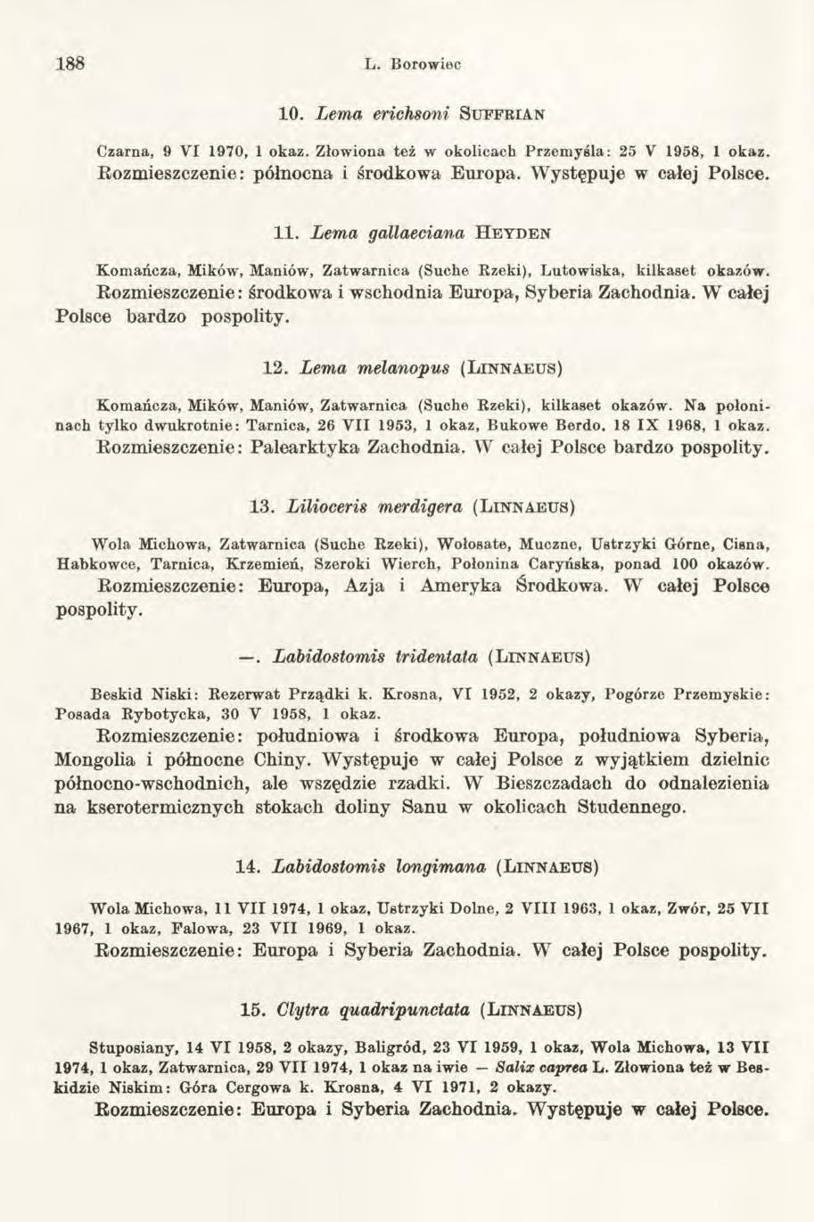 188 L. Borowiec 1 0. Lema erichsoni S u f f r i a n Czarna, 9 V I 1970, 1 okaz. Złowiona też w okolicach P rzem yśla: 25 V 1958, 1 okaz. Rozmieszczenie: północna i środkowa Europa.